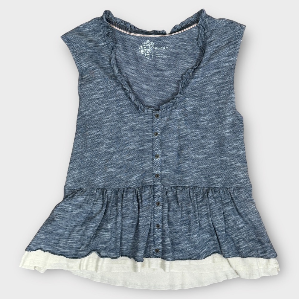 Pilcro Anthropologie Blue Striped Ruffled Peplum Sleeveless Button Front Top‎ XS